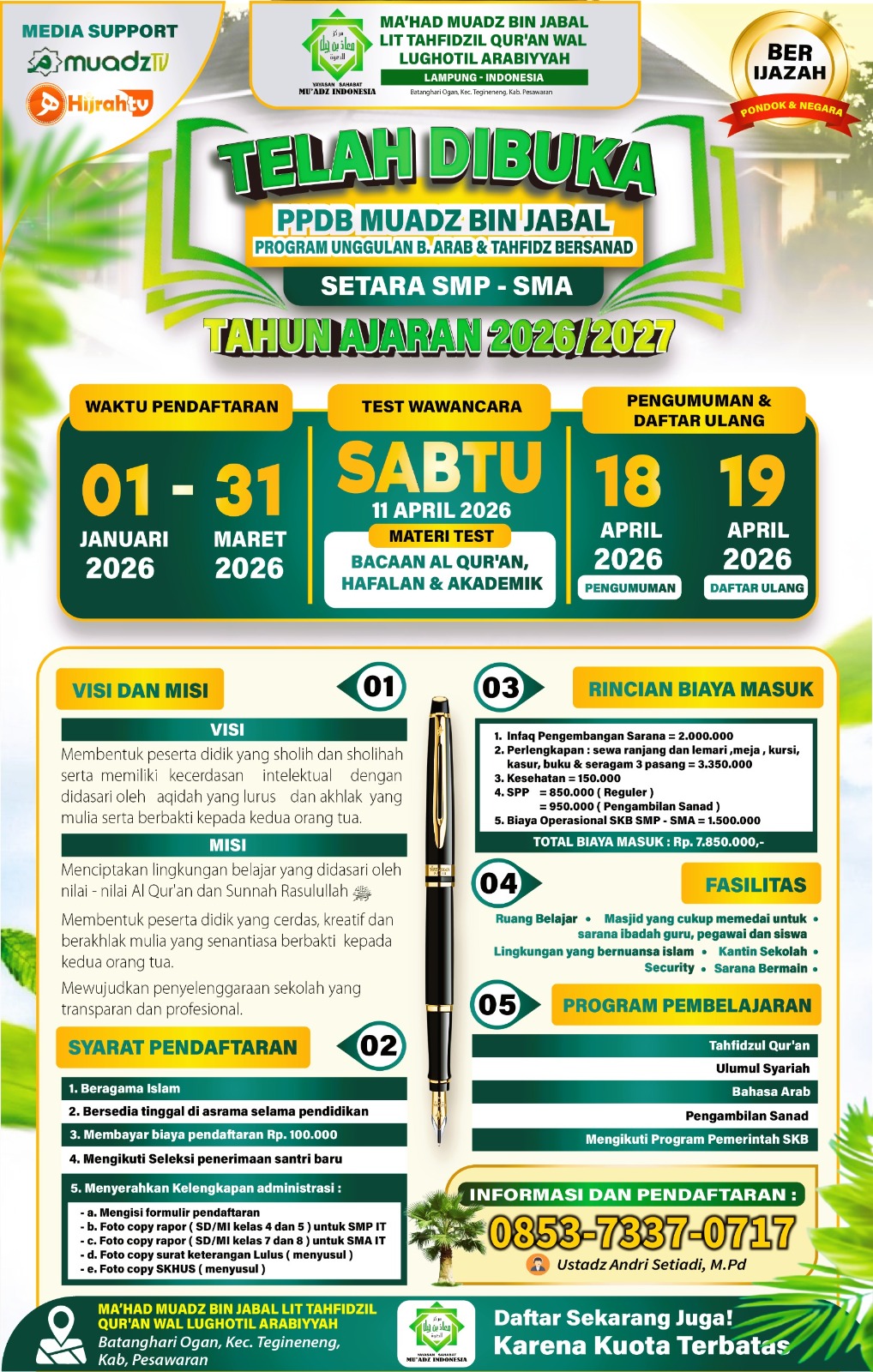 PENERIMAAN SANTRI BARU Tahun 2026/2027  MA'HAD MU'ADZ BIN JABAL LAMPUNG (SETARA SMP DAN SMA)