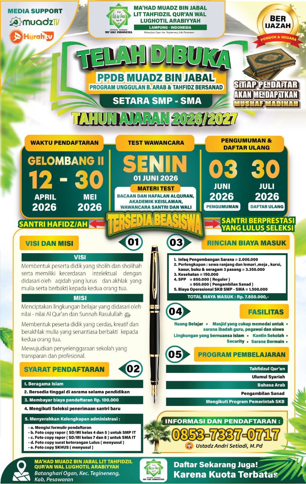 PENERIMAAN SANTRI BARU Tahun 2026/2027 MA'HAD MU'ADZ BIN JABAL LAMPUNG (SETARA SMP DAN SMA) Gelombang 2